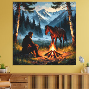 Mountainous Forest with Horse at Twilight Canvas Print