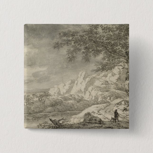 Mountainous Landscape with a Hiker 2 Inch Square Button (Front)