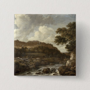 Mountainous Wooded Landscape with a Torrent 2 Inch Square Button