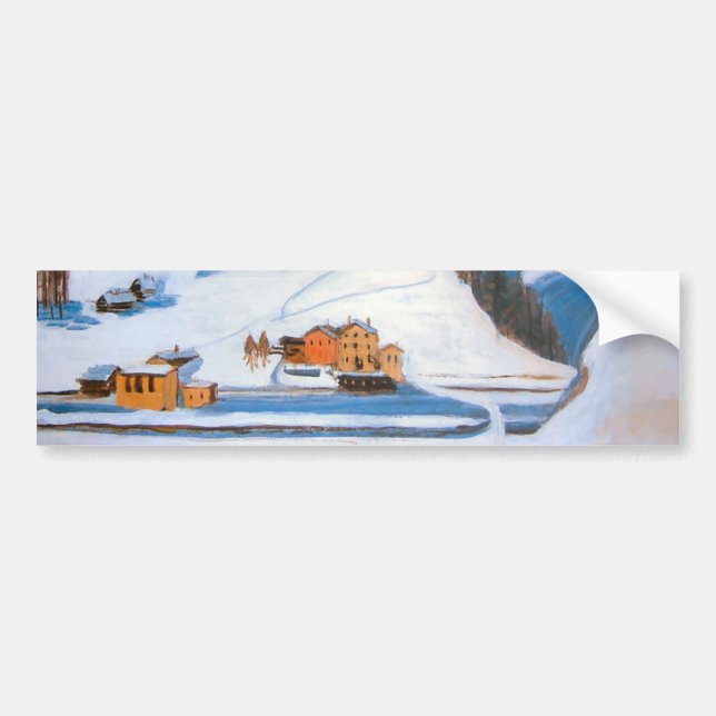 Mountains and Houses in the Snow, Winter Landscape Bumper Sticker (Front)