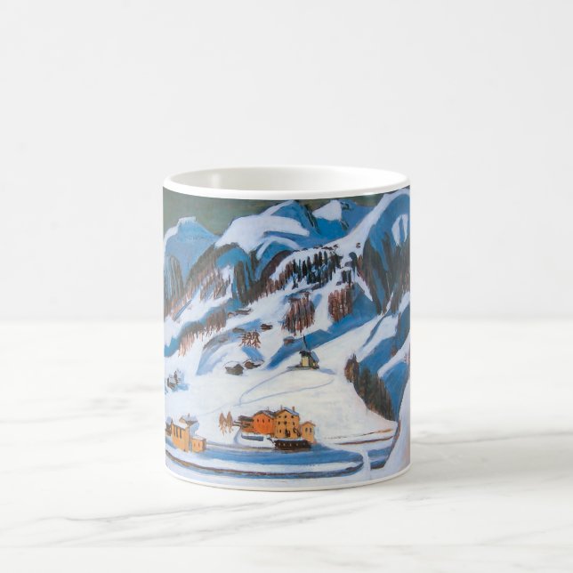 Mountains and Houses in the Snow, Winter Landscape Coffee Mug (Center)