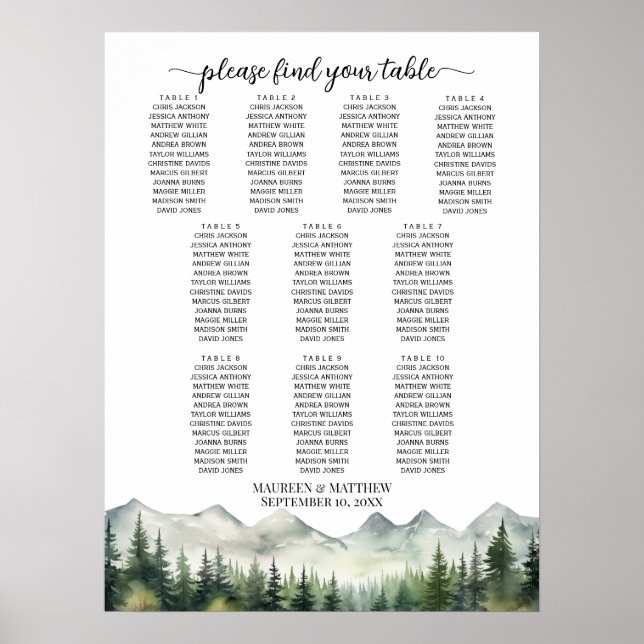 Mountains and Pines 10 Tables Wedding Seating Poster (Front)