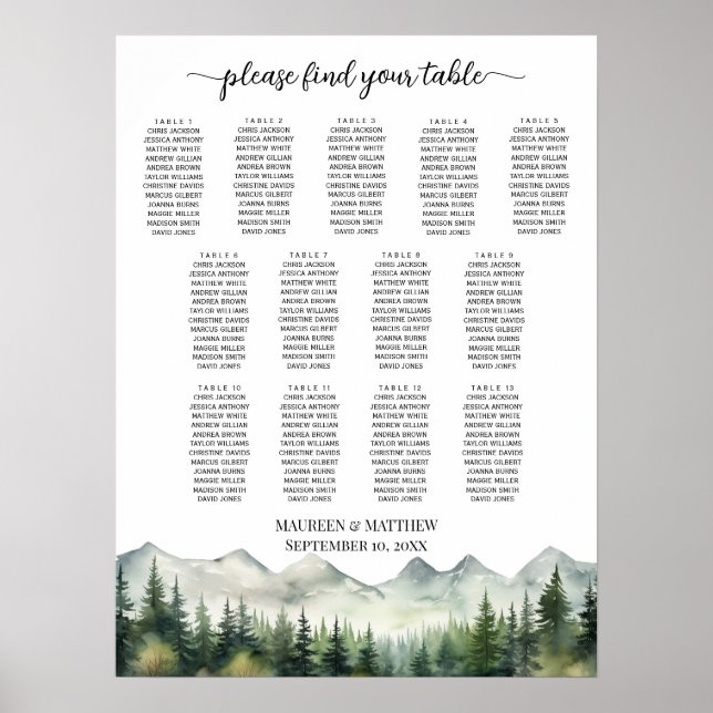 Mountains and Pines 13 Tables Wedding Seating Poster (Front)
