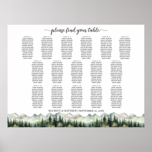 Mountains and Pines 16 Tables Wedding Seating Poster (Front)