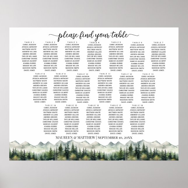 Mountains and Pines 18 Tables Wedding Seating Poster (Front)