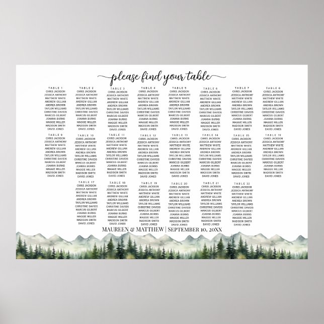 Mountains and Pines 22 Tables Wedding Seating Poster (Front)