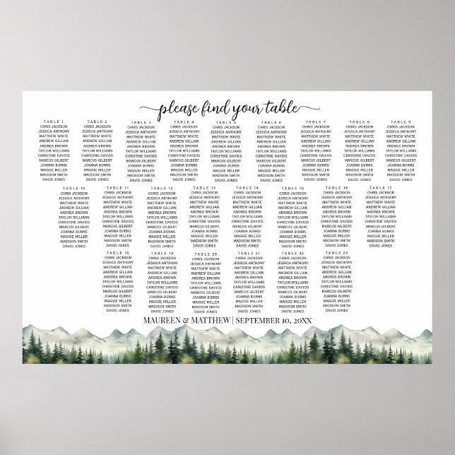 Mountains and Pines 23 Tables Wedding Seating Poster (Front)