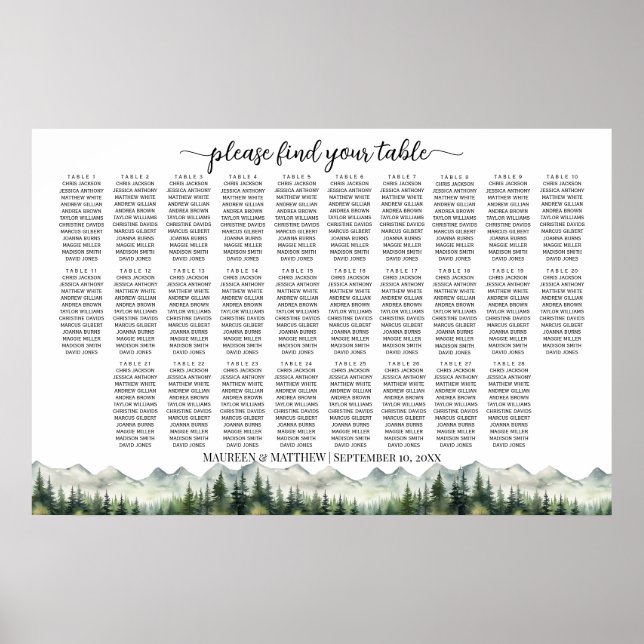 Mountains and Pines 28 Tables Wedding Seating Poster (Front)