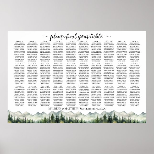 Mountains and Pines 30 Tables Wedding Seating Poster (Front)