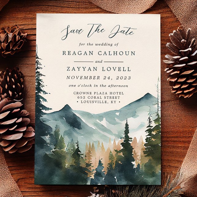 Mountains And Pines Calligraphy Save The Date Card (Creator Uploaded)