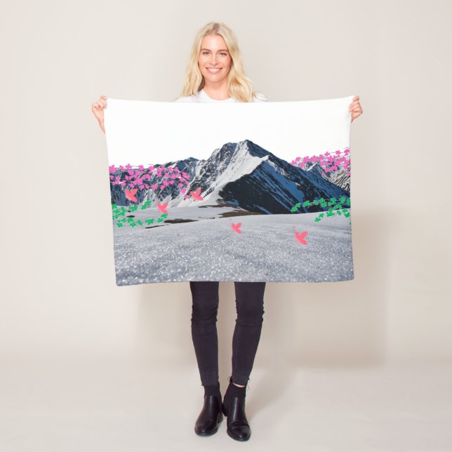 Mountains and Pink Butterflies Fleece Blanket (In Situ)