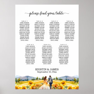 Mountains and Sunflowers 7 Tables Wedding Seating Poster