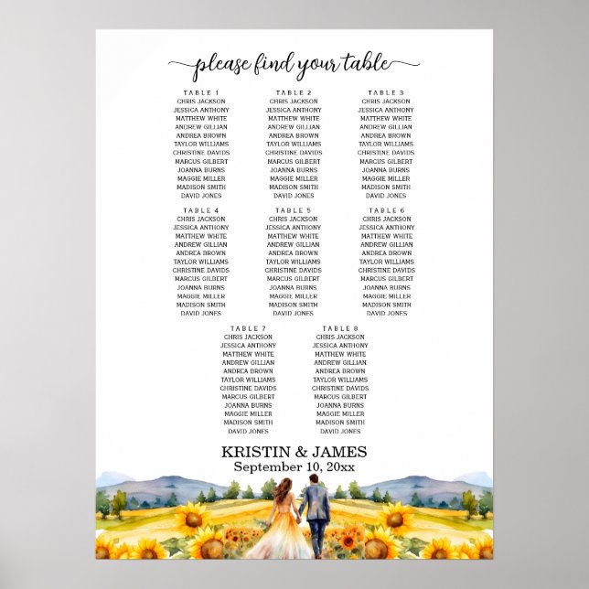 Mountains and Sunflowers 8 Tables Wedding Seating Poster (Front)
