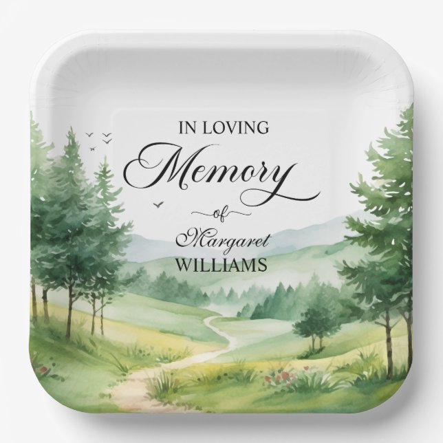 Mountains and Trees Celebration Of Life Funeral Paper Plate (Front)