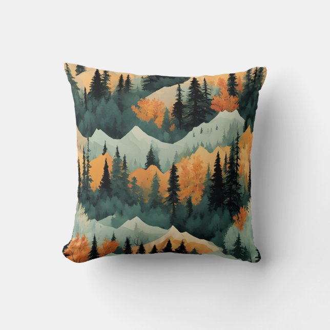 Mountains And Trees Green And Orange Throw Pillow (Front)