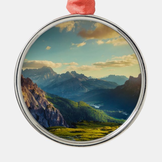 Mountains and Valley at Sunset Metal Ornament (Front)