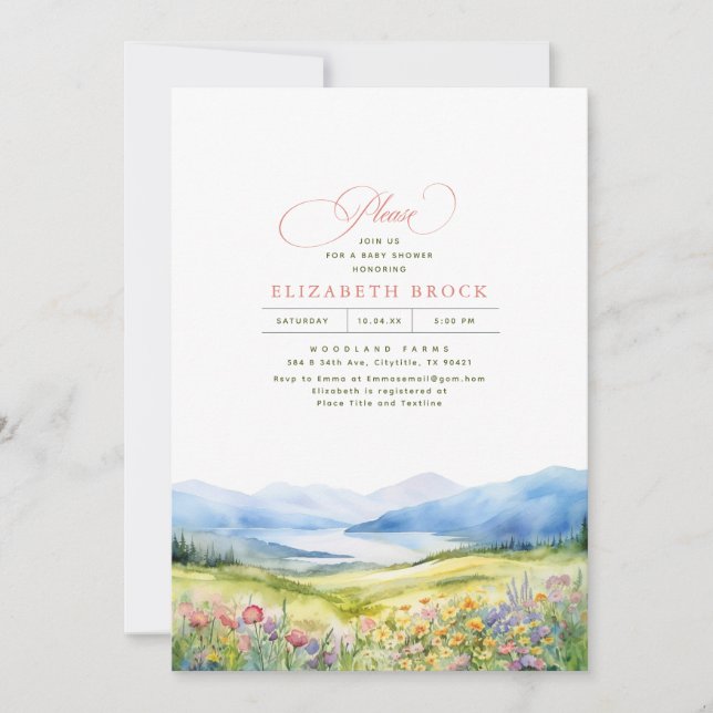 Mountains and Wildflowers Elegant Baby Shower Invitation (Front)