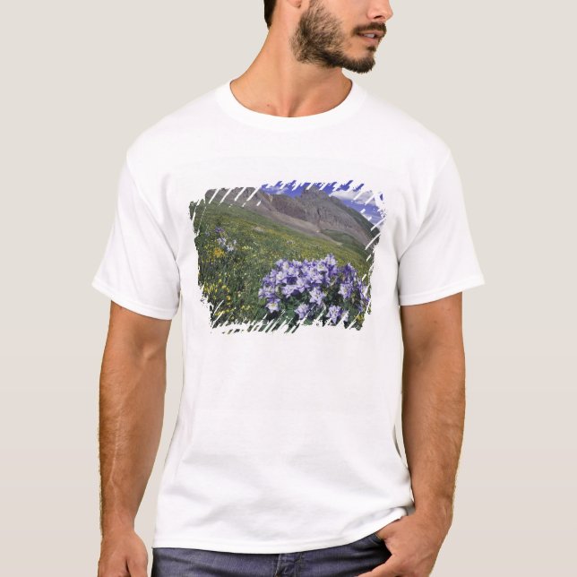 Mountains and wildflowers in alpine meadow, Blue T-Shirt (Front)