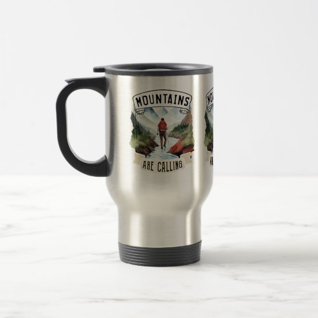 Mountains are Calling Adventure Hiking Camping Travel Mug (Left)