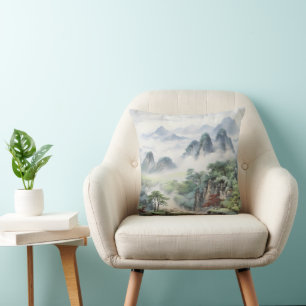 Mountains Asian Painting Throw Pillow
