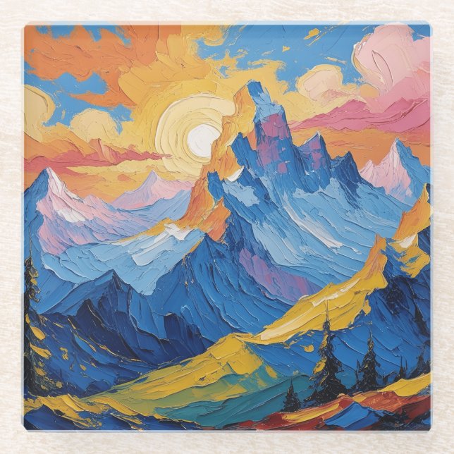 Mountains at dawn with glow glass coaster (Front)
