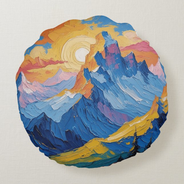 Mountains at dawn with glow round pillow (Back)