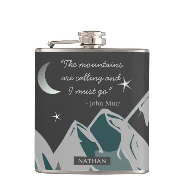Mountains Calling Quote Night Landscape Custom Hip Flask (Front)