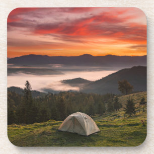 Mountains Camping Foggy Sunrise Coaster