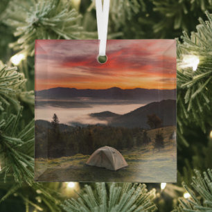 Mountains Camping Foggy Sunrise Glass Ornament