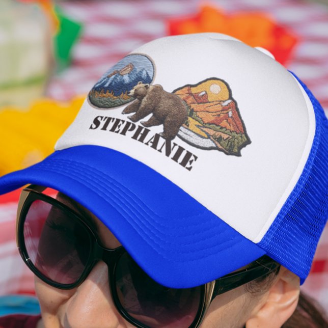 Mountains Faux Patches Bear Personalized Gift  Trucker Hat (Creator Uploaded)