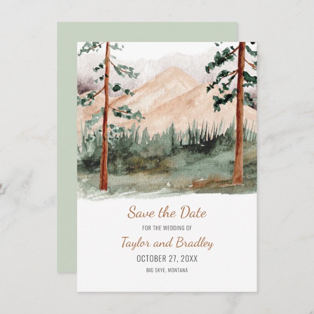Mountains Fog Spruce Pine Trees Rustic Save The Date (Front/Back)
