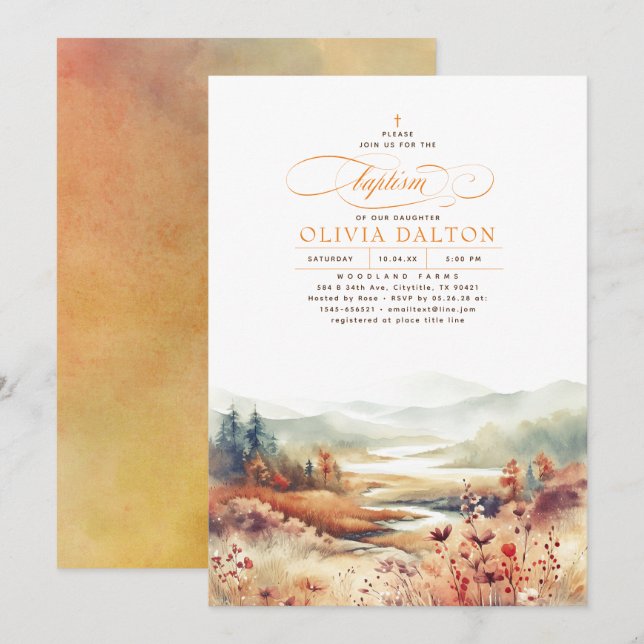 Mountains Forest Fall Nature Baptism Invitation (Front/Back)