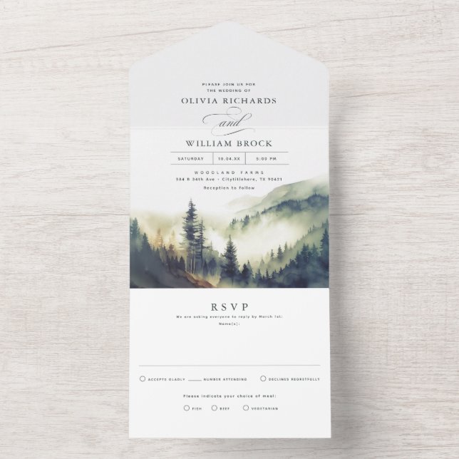 Mountains Forest Fog Evening Landscape Wedding All In One Invitation (Inside)