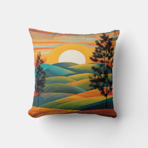 Mountains Hills Trees Sunset Sunrise  Throw Pillow