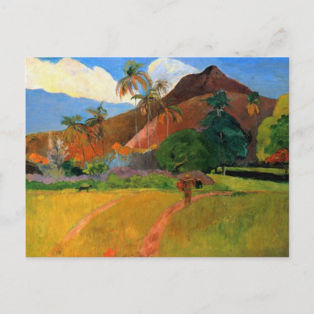 Mountains in Tahiti Gauguin painting warm colourfu Postcard (Front)