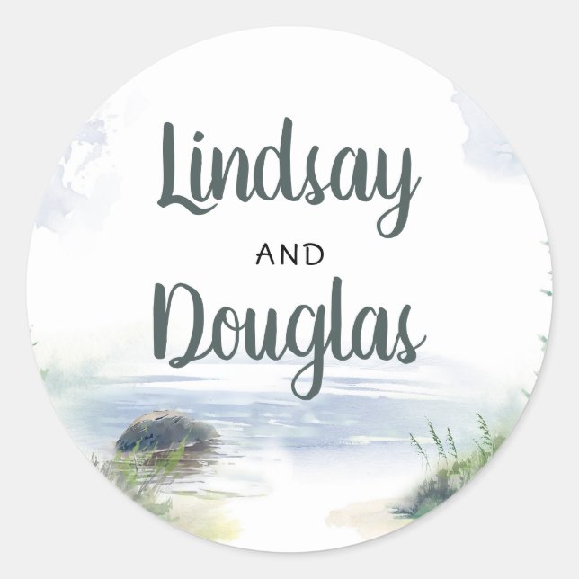 Mountains Lake Adventure Wedding Classic Round Sticker (Front)