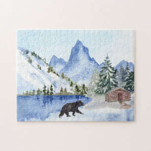 Mountains, Lake, Trees, Cabin, Bear Winter Scene Jigsaw Puzzle