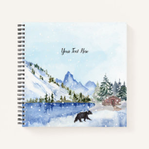 Mountains, Lake, Trees, Cabin, Bear Winter Scene Notebook