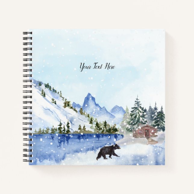 Mountains, Lake, Trees, Cabin, Bear Winter Scene Notebook (Front)