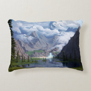 Mountains lake waterfall digital art 3D illustrati Accent Pillow