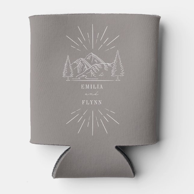 Mountains Line Art Amethyst Wedding Can Cooler (Front)