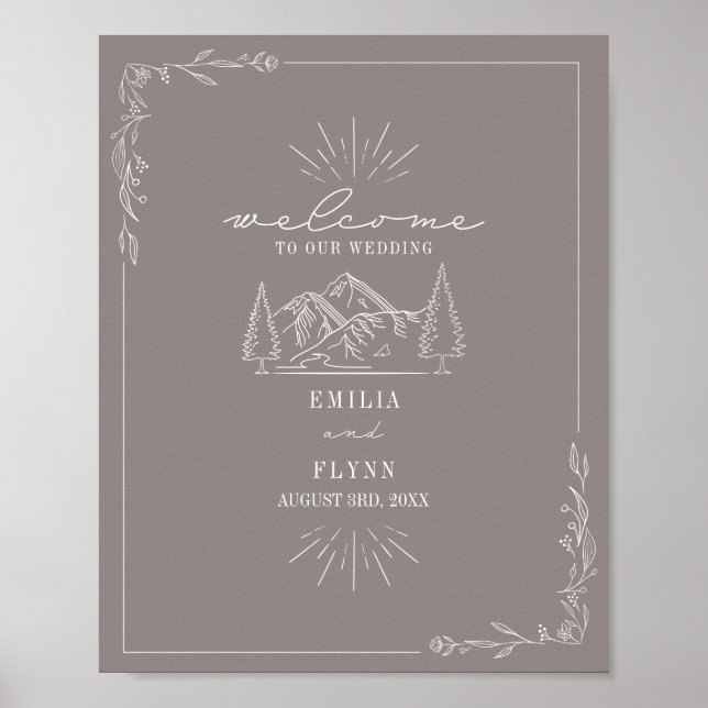 Mountains Line Art Amethyst Wedding Welcome  Poster (Front)
