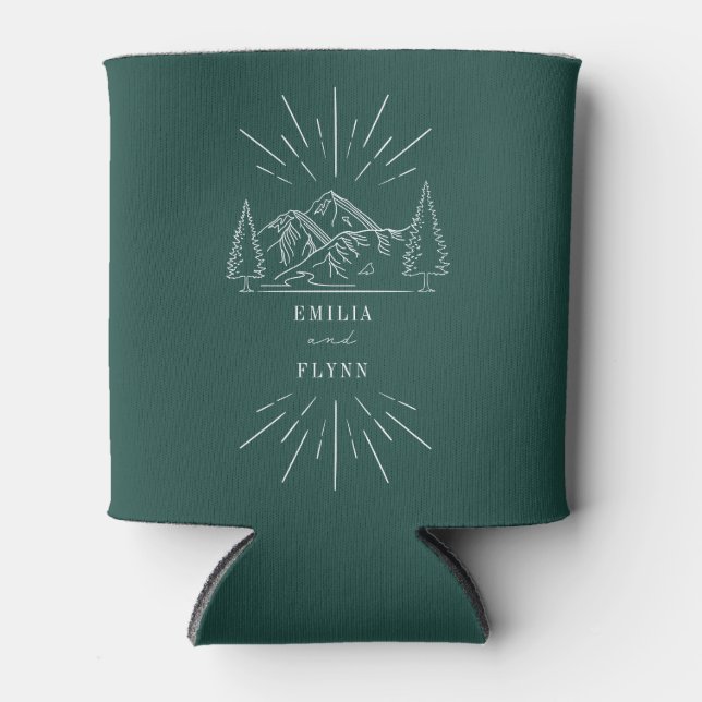Mountains Line Art Emerald Wedding  Can Cooler (Front)