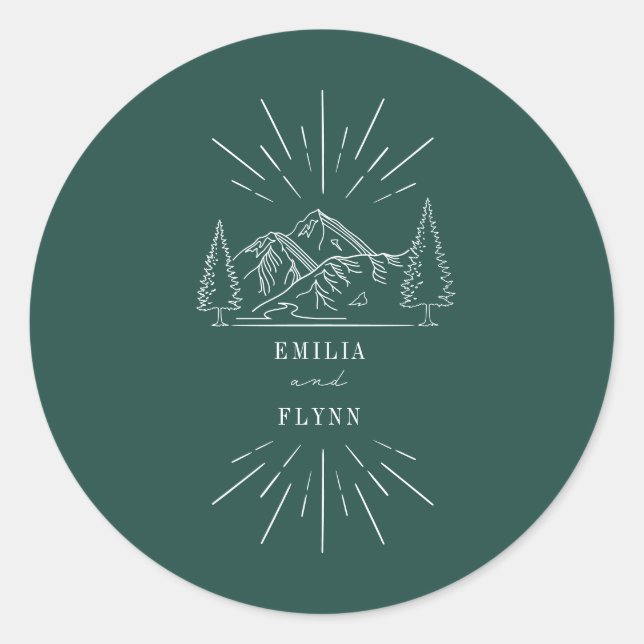 Mountains Line Art Emerald Wedding Classic Round S Sticker (Front)