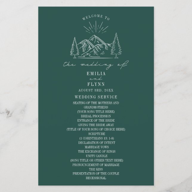 Mountains Line Art Emerald Wedding Program (Front)