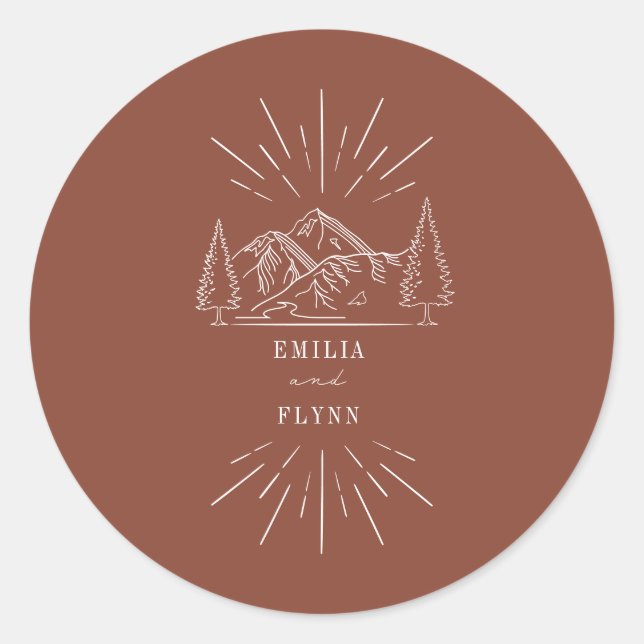 Mountains Line Art Terracotta Wedding Classic Roun Round Sticker (Front)