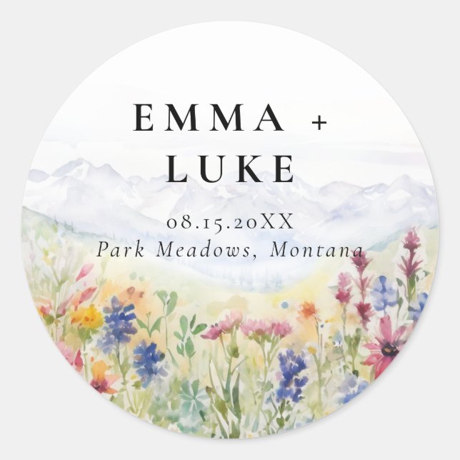 Mountains Meadow Wildflowers Watercolor Wedding Classic Round Sticker (Front)