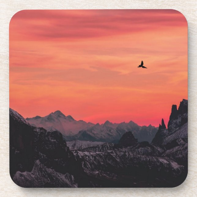 Mountains Orange Sunset Bird in Sky Coaster (Front)