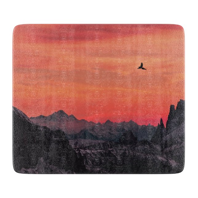 Mountains Orange Sunset Bird in Sky Cutting Board (Front)