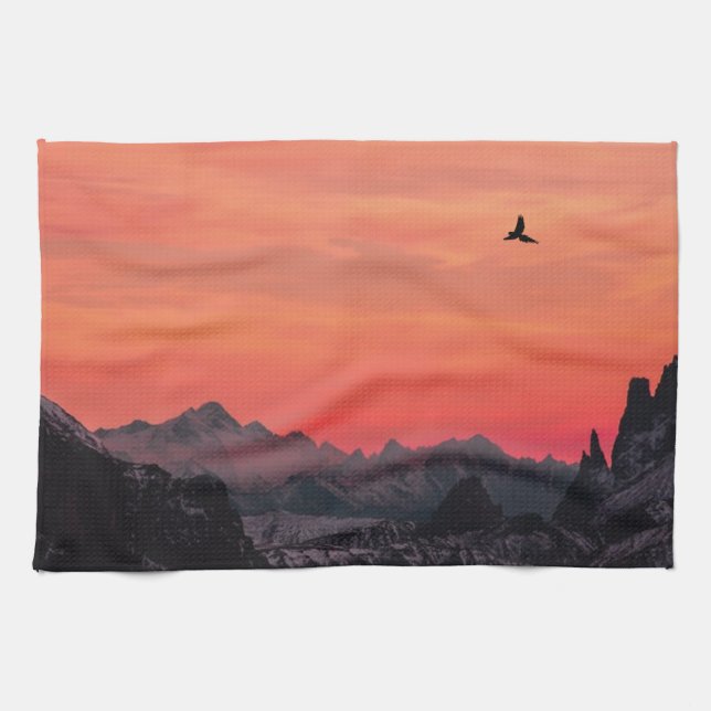 Mountains Orange Sunset Bird in Sky Kitchen Towel (Horizontal)